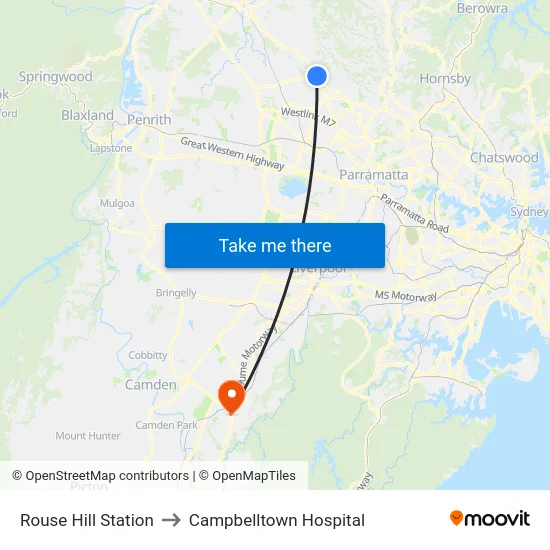 Rouse Hill Station to Campbelltown Hospital map