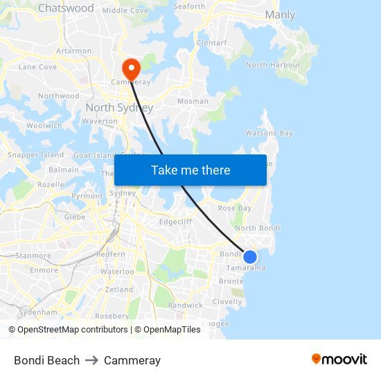 Bondi Beach to Cammeray map