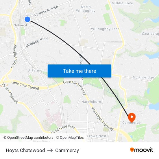 Hoyts Chatswood to Cammeray map