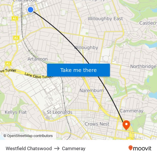 Westfield Chatswood to Cammeray map