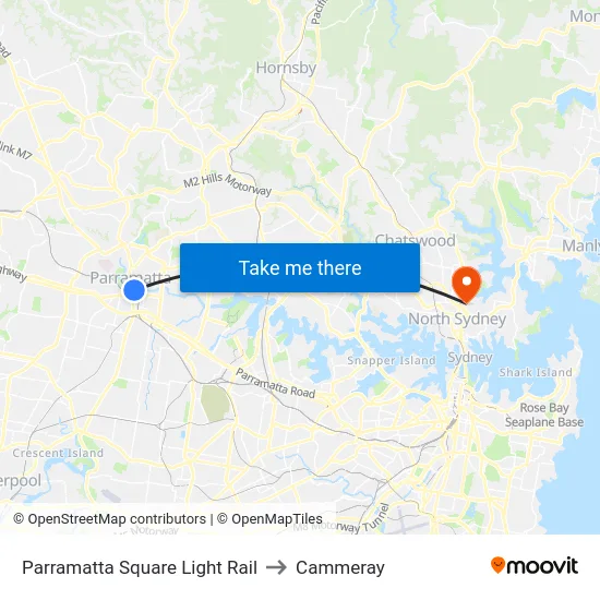 Parramatta Square Light Rail to Cammeray map