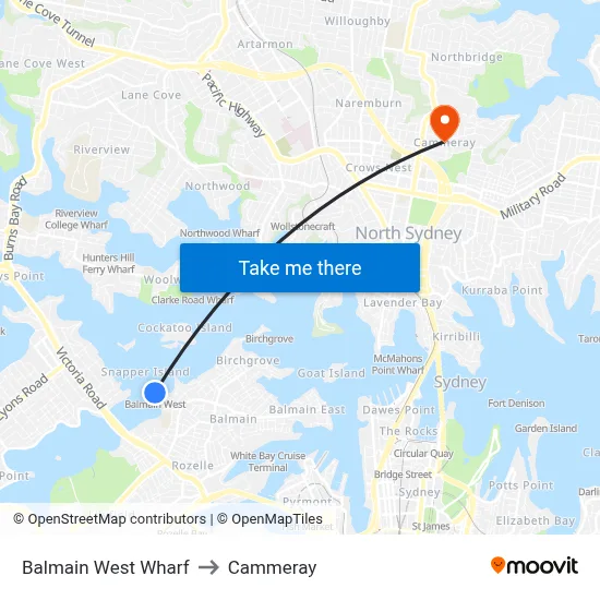 Balmain West Wharf to Cammeray map