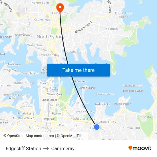 Edgecliff Station to Cammeray map