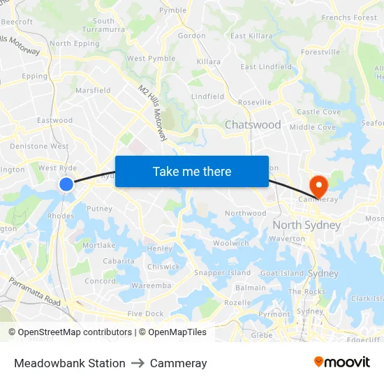 Meadowbank Station to Cammeray map
