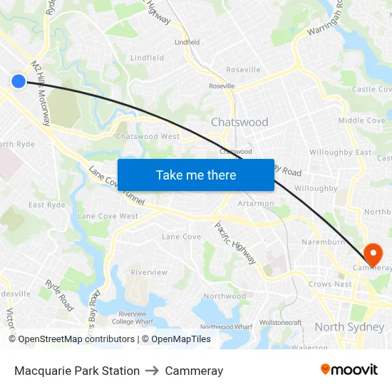 Macquarie Park Station to Cammeray map