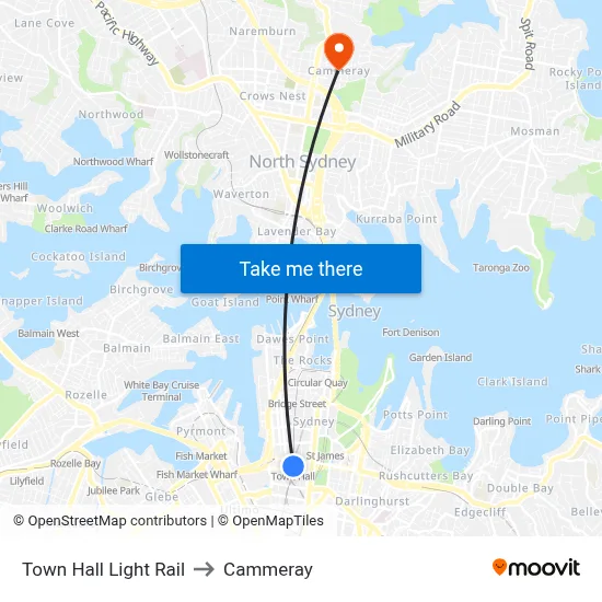 Town Hall Light Rail to Cammeray map