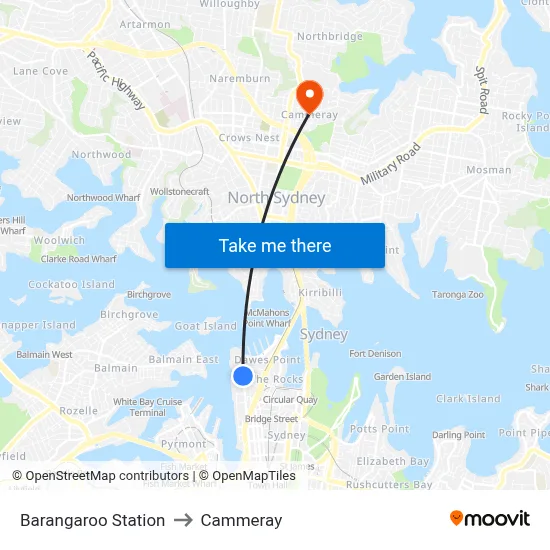 Barangaroo Station to Cammeray map