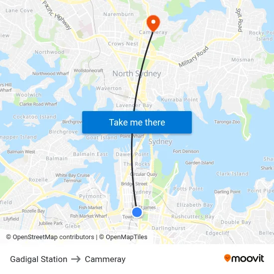 Gadigal Station to Cammeray map