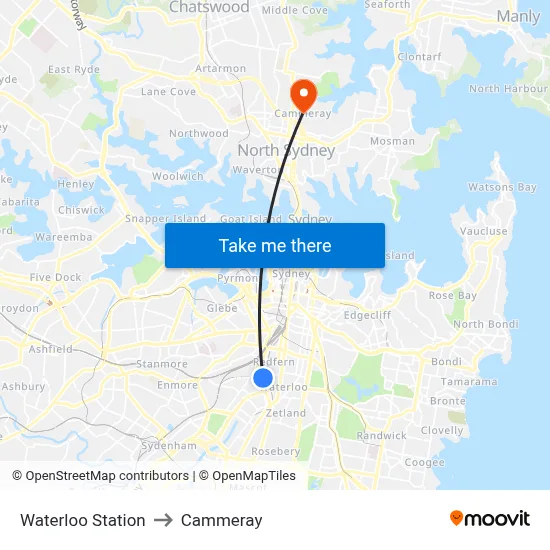Waterloo Station to Cammeray map