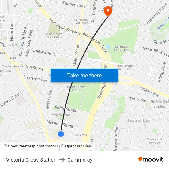 Victoria Cross Station to Cammeray map