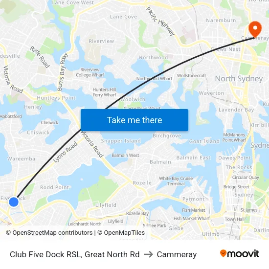 Club Five Dock RSL, Great North Rd to Cammeray map