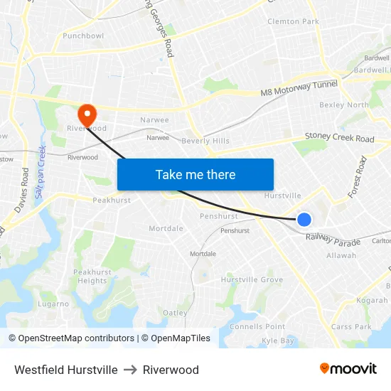 Westfield Hurstville to Riverwood map