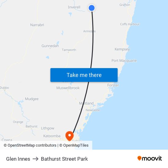 Glen Innes to Bathurst Street Park map