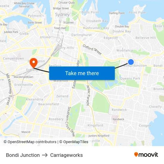 Bondi Junction to Carriageworks map