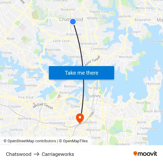 Chatswood to Carriageworks map