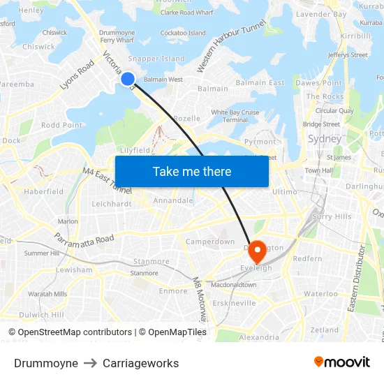 Drummoyne to Carriageworks map