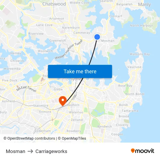 Mosman to Carriageworks map