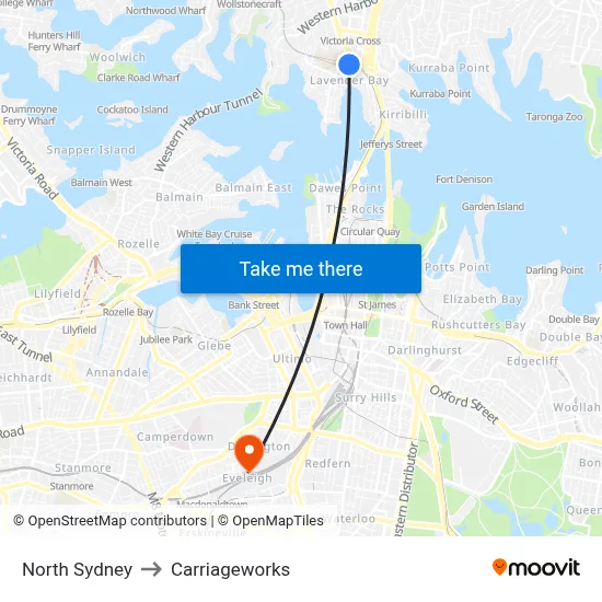 North Sydney to Carriageworks map