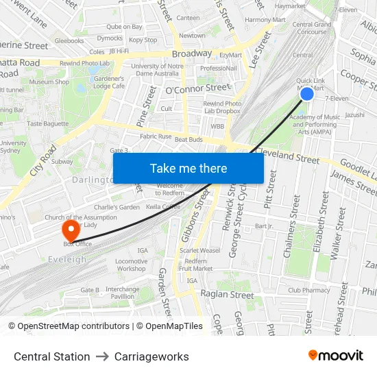 Central Station to Carriageworks map