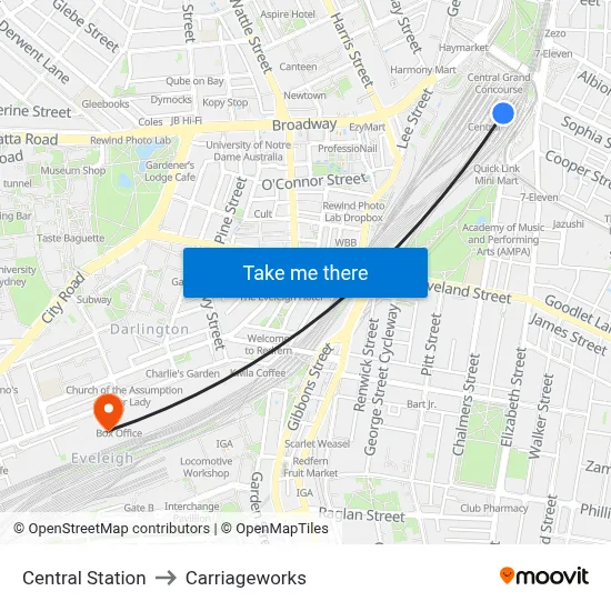 Central Station to Carriageworks map