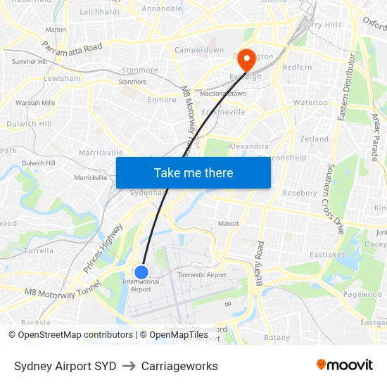 Sydney Airport SYD to Carriageworks map