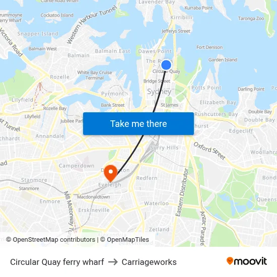 Circular Quay ferry wharf to Carriageworks map