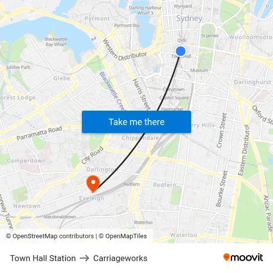 Town Hall Station to Carriageworks map