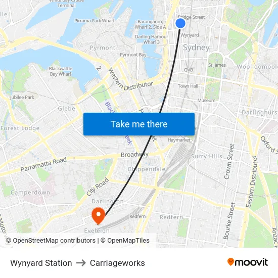 Wynyard Station to Carriageworks map