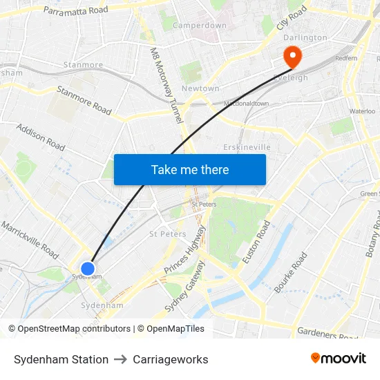 Sydenham Station to Carriageworks map