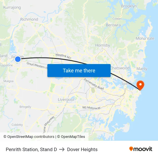 Penrith Station, Stand D to Dover Heights map