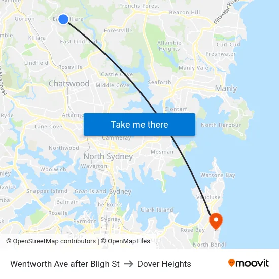 Wentworth Ave after Bligh St to Dover Heights map