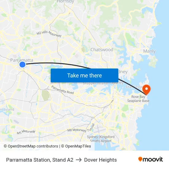 Parramatta Station, Stand A2 to Dover Heights map