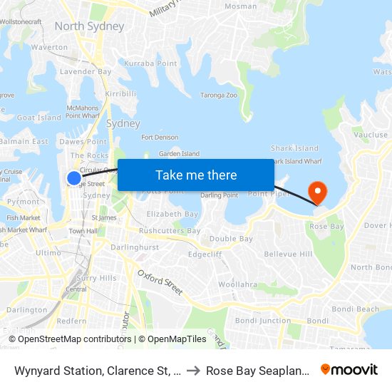 Wynyard Station, Clarence St, Stand Q to Rose Bay Seaplane Base map