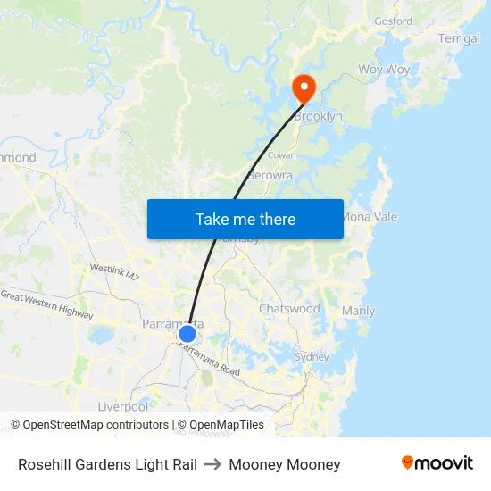 Rosehill Gardens Light Rail to Mooney Mooney map