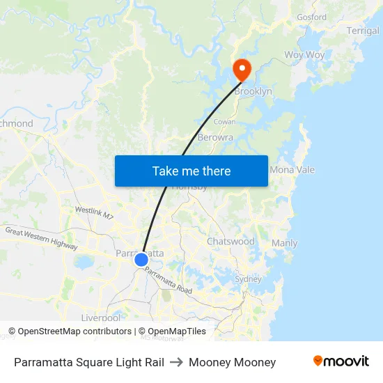 Parramatta Square Light Rail to Mooney Mooney map