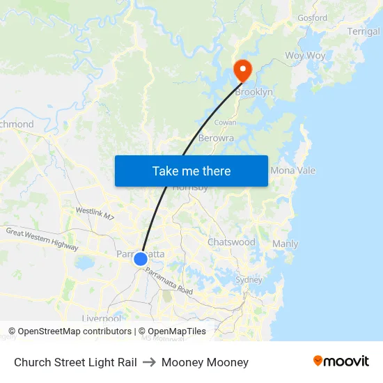Church Street Light Rail to Mooney Mooney map