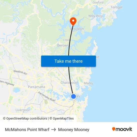 McMahons Point Wharf to Mooney Mooney map