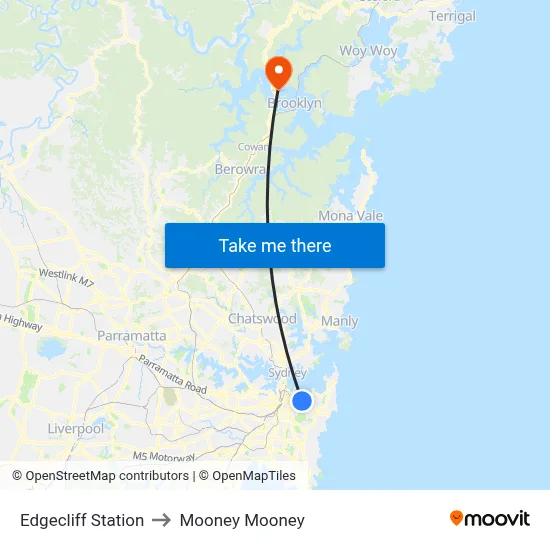 Edgecliff Station to Mooney Mooney map