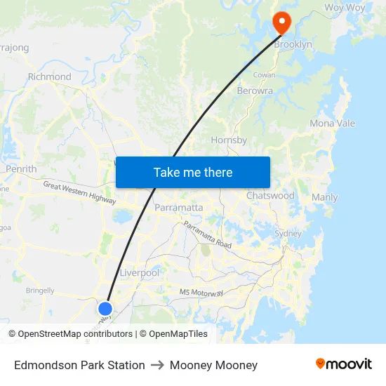 Edmondson Park Station to Mooney Mooney map
