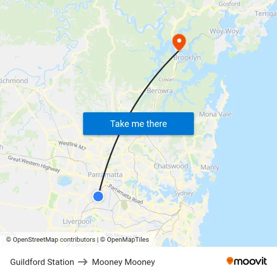 Guildford Station to Mooney Mooney map