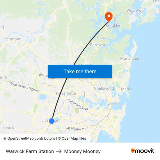 Warwick Farm Station to Mooney Mooney map