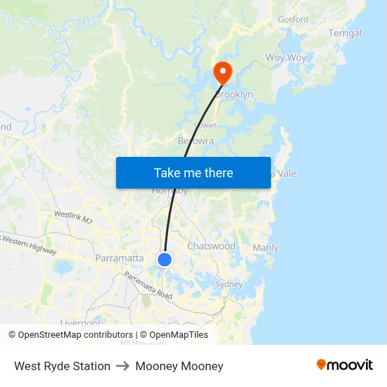 West Ryde Station to Mooney Mooney map