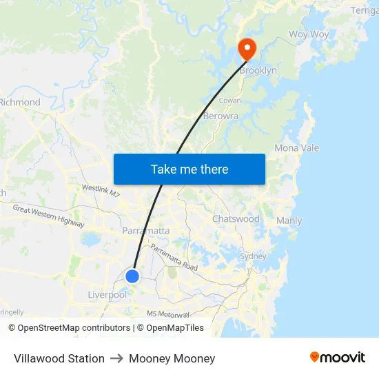 Villawood Station to Mooney Mooney map