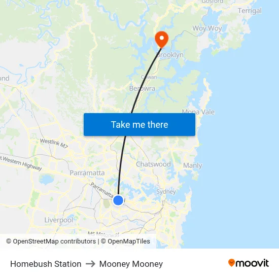 Homebush Station to Mooney Mooney map