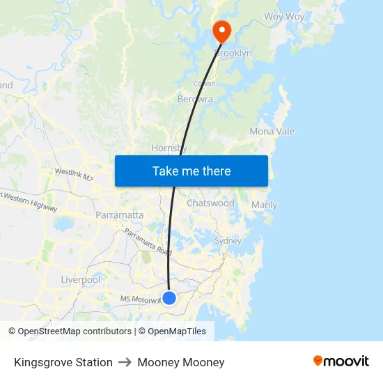 Kingsgrove Station to Mooney Mooney map