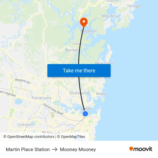 Martin Place Station to Mooney Mooney map