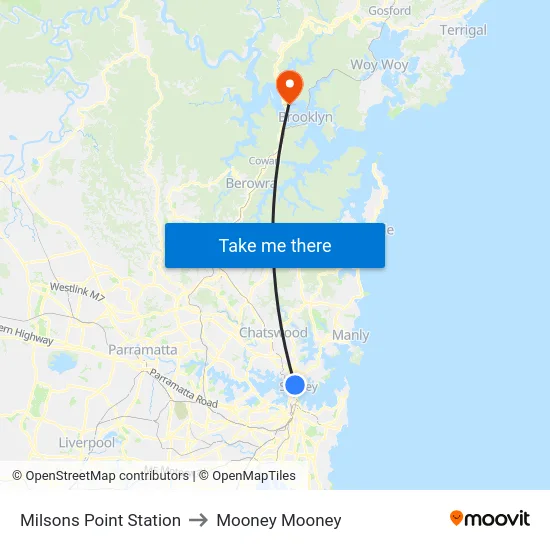 Milsons Point Station to Mooney Mooney map