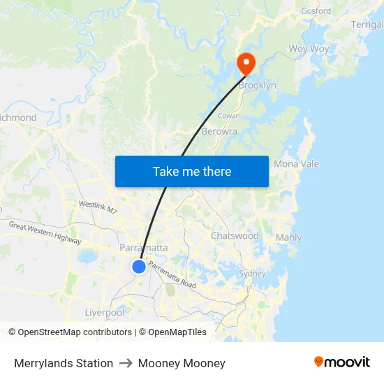 Merrylands Station to Mooney Mooney map