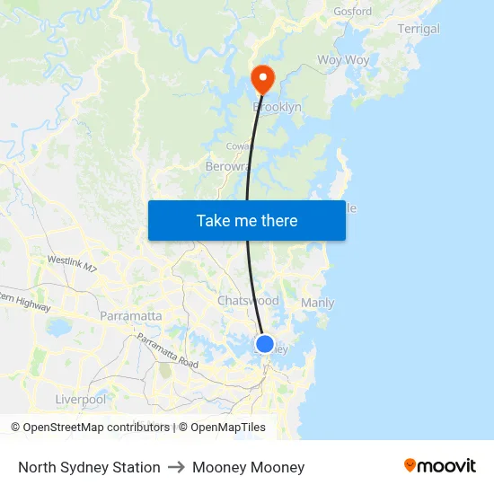 North Sydney Station to Mooney Mooney map