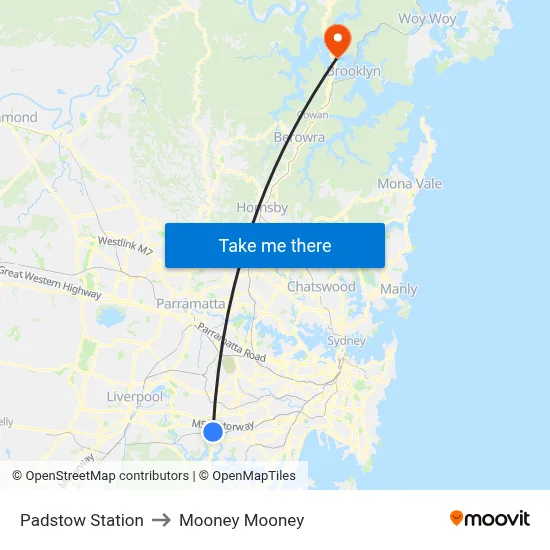 Padstow Station to Mooney Mooney map